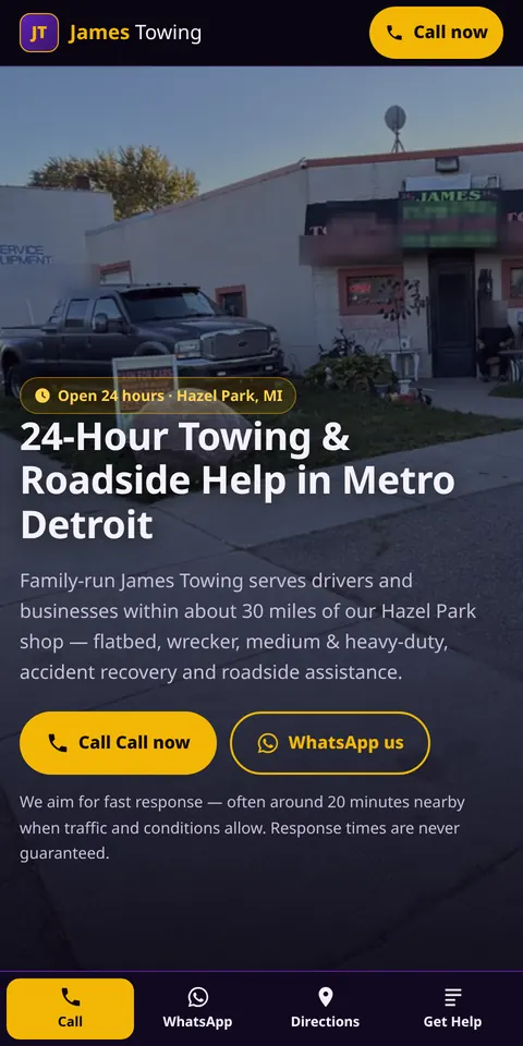 James Towing website we built, shown on a phone